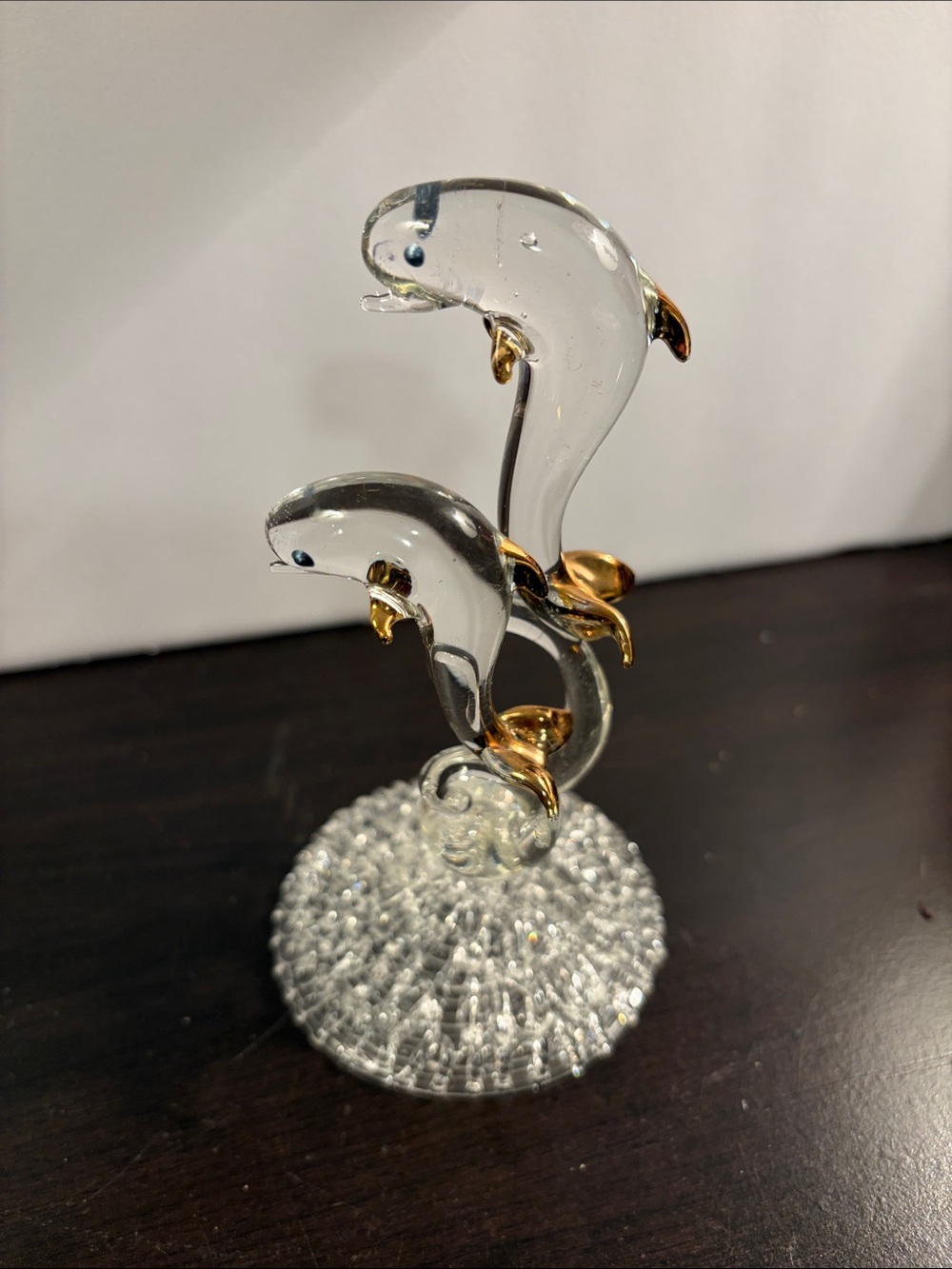 Glass Dolphin Sculpture - Clear with Gold Accents